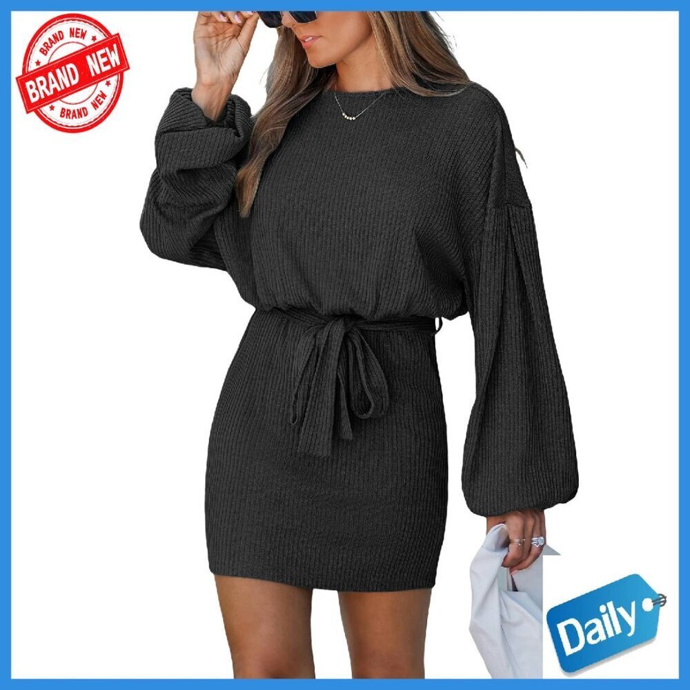 Knit Mini Dress Lantern Sleeves Belted Back Tie Cocktail